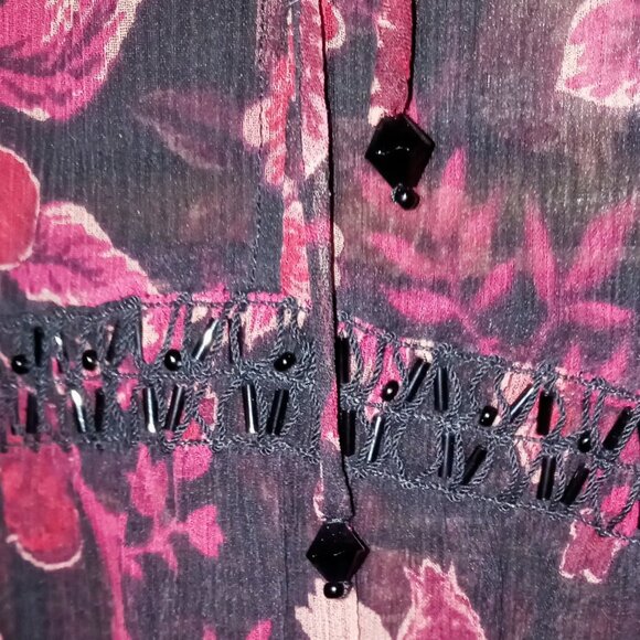 Express Women's Black Burgundy Floral Sheer Beaded Long Bell Sleeve Sz LargeTop - Picture 9 of 16